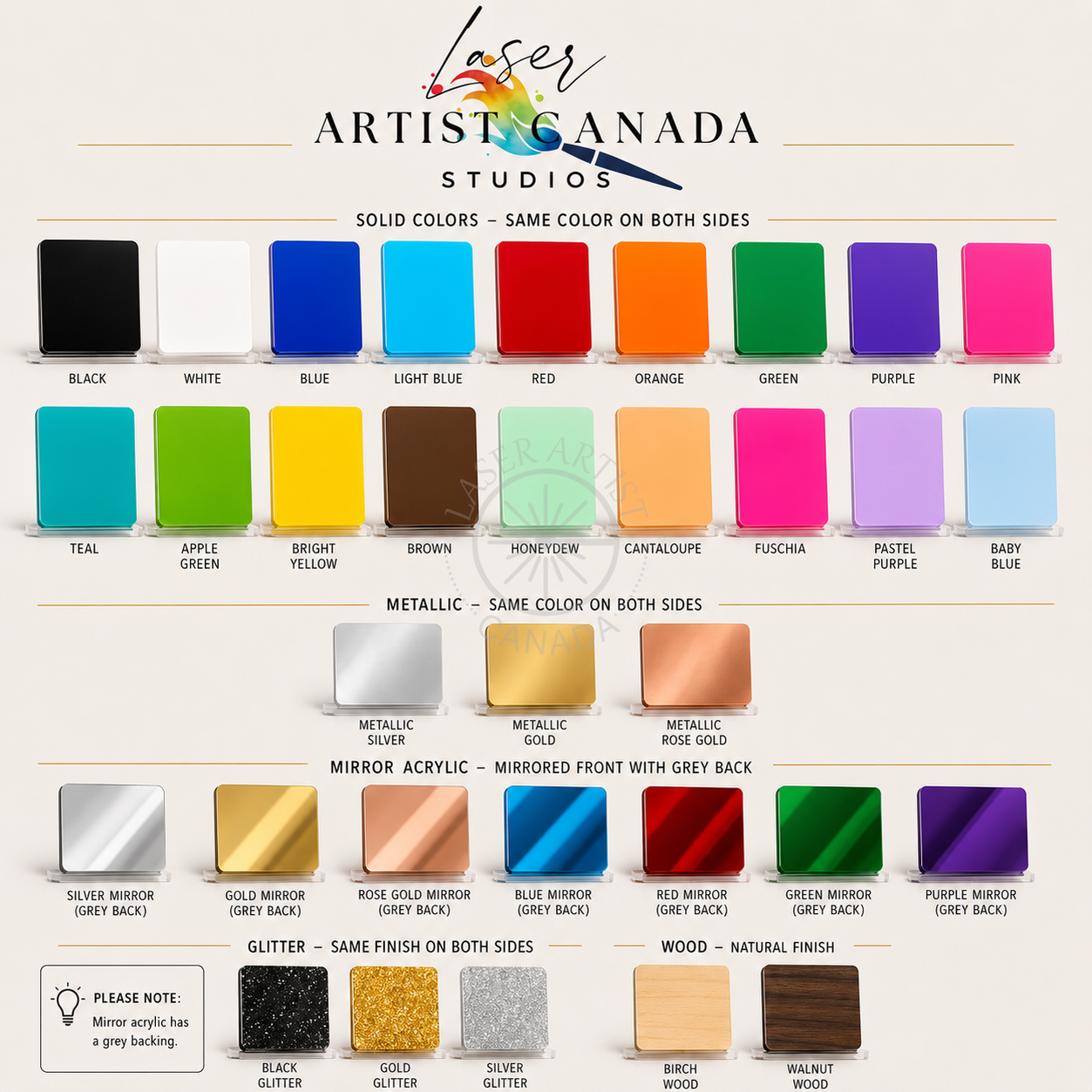 A color chart from Laser Artist Canada Studios showing multiple paint and mirror finish options in rows. The top section displays solid colors from black to pink, and the lower section shows metallic, mirrored acrylic, glitter, and wood finishes with color names beneath each swatch.
