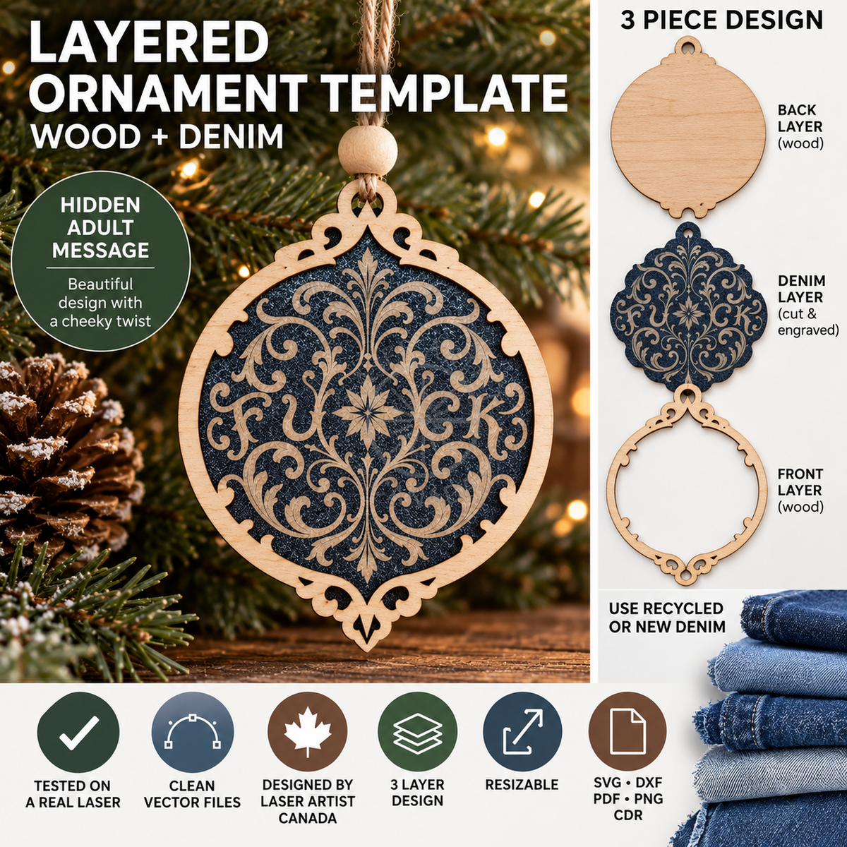 Hidden F*ck Christmas Ornament - Layered Wood & Denim - Laser Artist - Canada