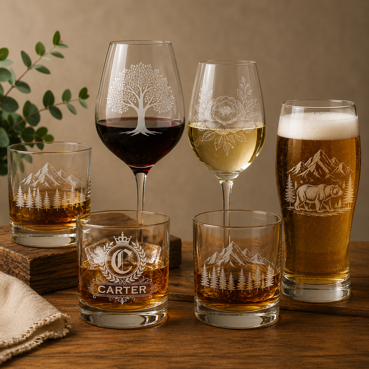 Engraved glassware collection featuring personalized whiskey glasses, wine glasses and beer glass with custom laser-engraved designs.