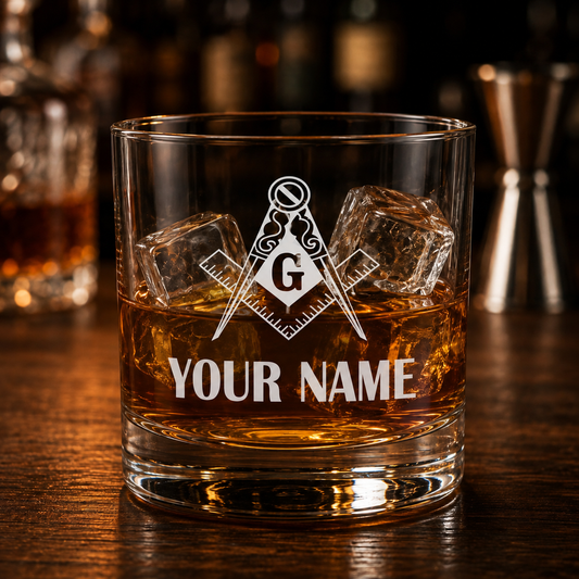 Personalized Masonic Whisky Glass | Custom Engraved Whiskey Glass | Freemason Gift for Men